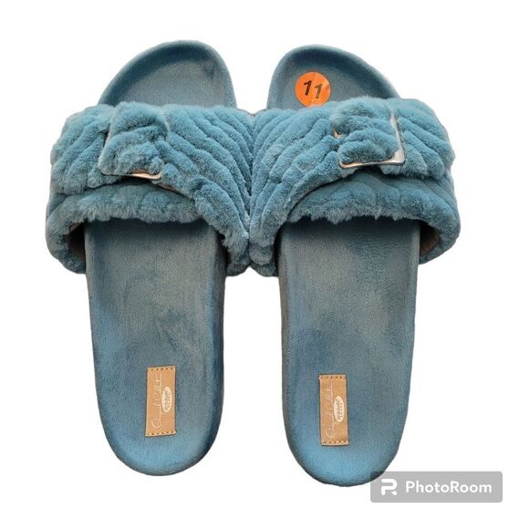 DR. SCHOLLS Slippers Women 11 M Faux Fur Buckle Slide Teal NEW - Picture 5 of 7